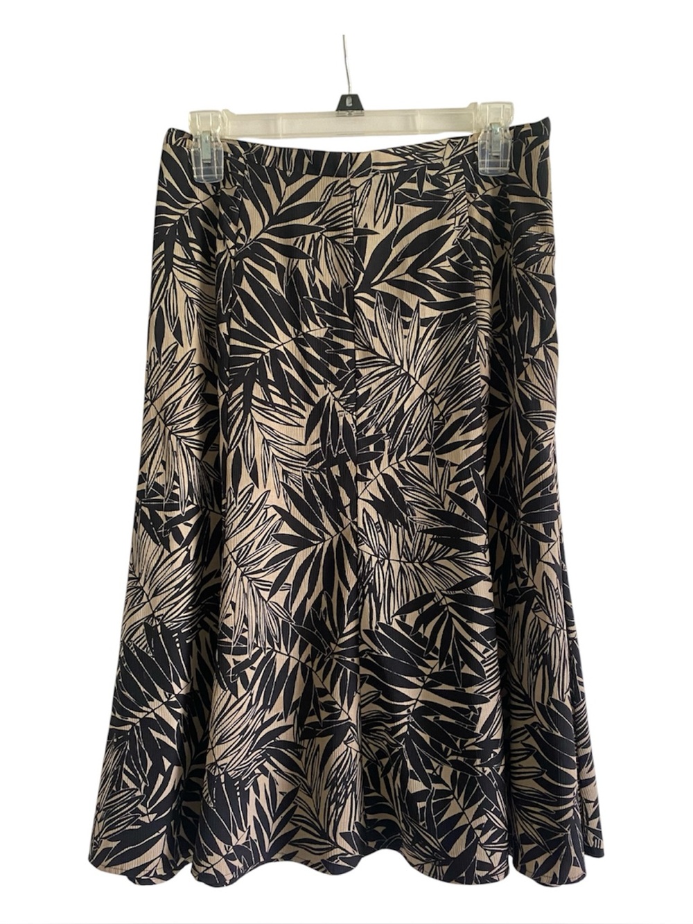Jacklyn Smith Tropical Leaf Print Midi Skirt Small Black Tan Elastic Waist